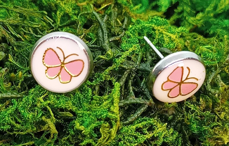 Pink white and silver Pink butterfly stud earrings