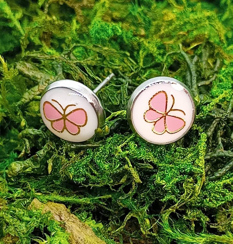 Pink white and silver Pink butterfly stud earrings