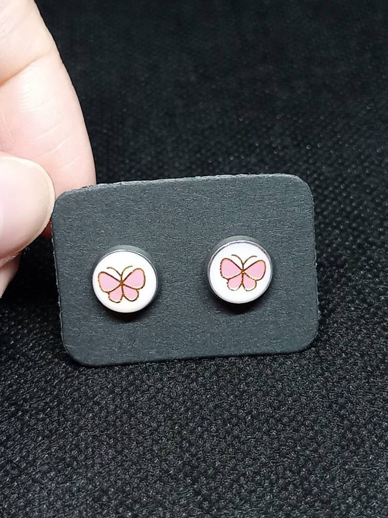 Pink white and silver Pink butterfly stud earrings