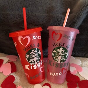 Custom Glitter Valentines Day Hugs and Kisses Starbucks tumbler