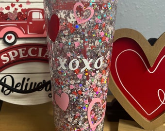 Valentines Day Snow Globe Conversation Hearts Tumbler, Glitter Tumbler, Snow globe Tumbler