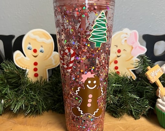 Gingerbread Themed cup, Glitter tumbler, Snow globe tumbler