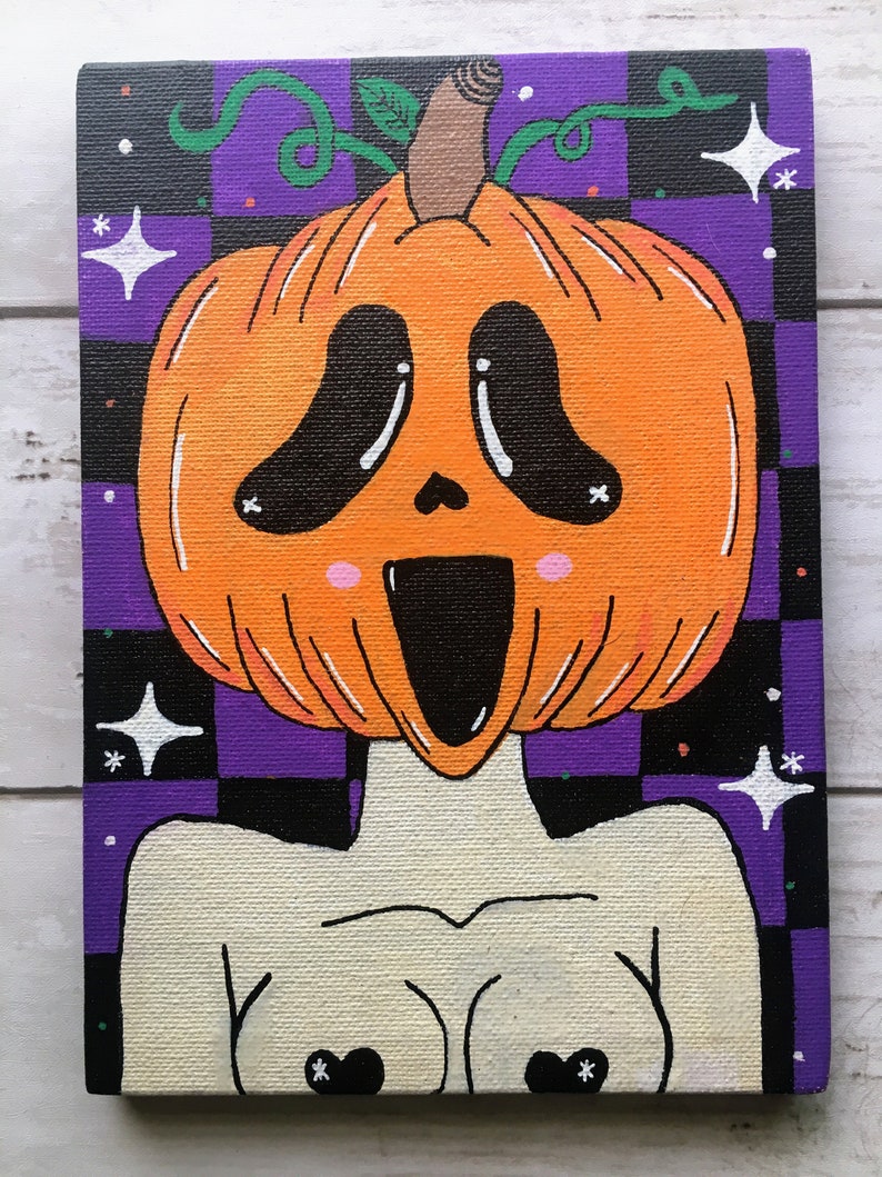 Halloween Painting / Spooky Art / Pumpkin Head Painting Etsy