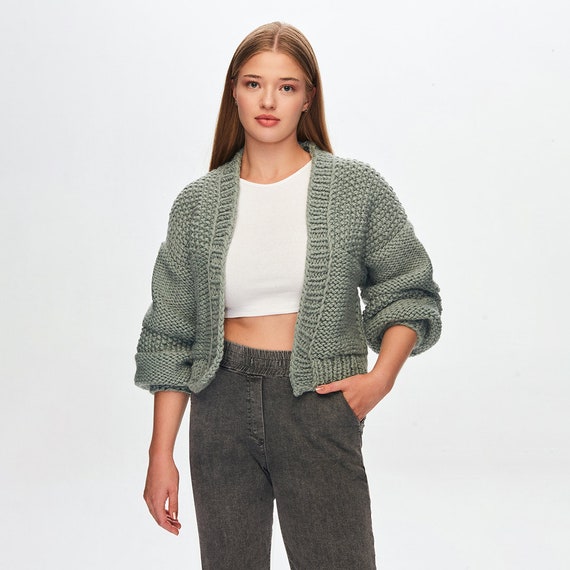Cable Knit Cropped Cardigan Button Up Long Sleeve Solid