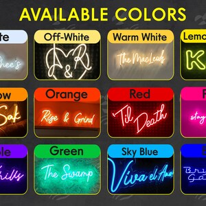 K&ouml;nnte beinhalten: Eine Tabelle mit verf&uuml;gbaren Neonfarben und Beispielen f&uuml;r jede Farbe. Die Farben sind: Wei&szlig;, Cremewei&szlig;, Warmwei&szlig;, Zitronengelb, Gelb, Orange, Rot, Pink, Lila, Gr&uuml;n, Himmelblau und Blau.