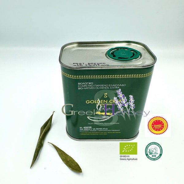 Huile d'olive extra vierge grecque crétoise 100 % biologique monovariétal Koroneiki - Huile d'olive pressée à froid en boîte - Huile d'olive de qualité supérieure {AOP}