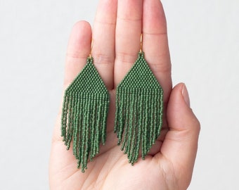 olive green earrings, Semi matte earrings, fringe earrings, dangle earrings, short and wide earrings, dark green earrings, beaded earrings