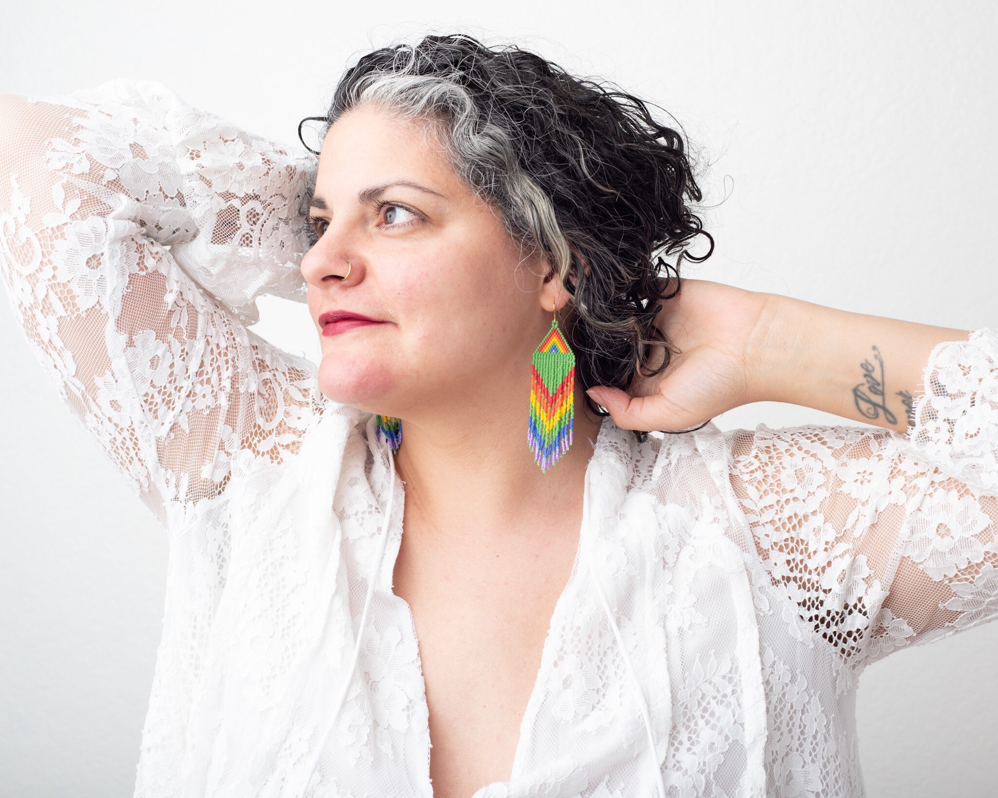 Rainbow Beaded Earrings, Green Earrings, Long Earrings, Fringe Earrings