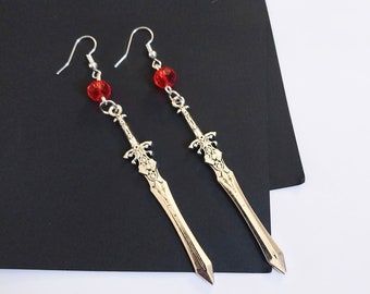 Antiqued Modern style sword dangling earrings, sword earrings, hypoallergenic and nickel free backs of your choice, style 3 red bead