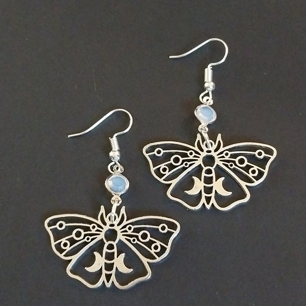 Outlined silver lunar moth dangling earrings, necklace also available, hypoallergenic and nickel free backs of your choice, moth earrings