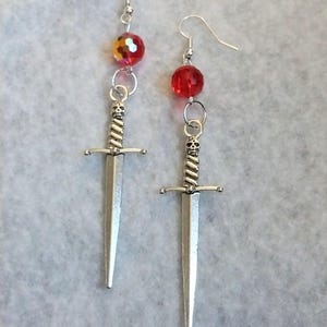 Antiqued skull sword dangling earrings, sword earrings, hypoallergenic and nickel free backs of your choice, Gothic earrings