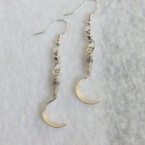 Lightweight Silver Sickle Dangling Earrings, with nickel free and hypoallergenic backs of your choice, scythe earrings