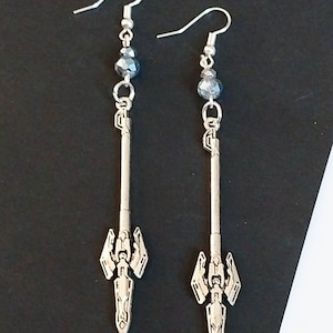 Antiqued style sci-fi sword dangling earrings, sword earrings, hypoallergenic and nickel free backs of your choice, Gothic earrings
