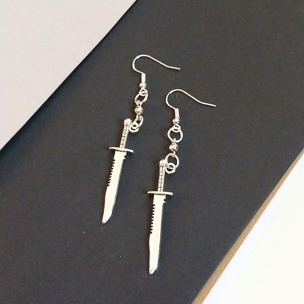 Steel serrated dragger knives Dangling Drop earrings, knife earrings, hypoallergenic and nickel free backs of your choice, dagger earrings