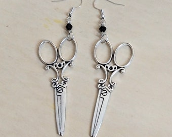 Large silver scissor dangling drop earrings, with hypoallergenic and nickel free backs of your choice, scissor earrings