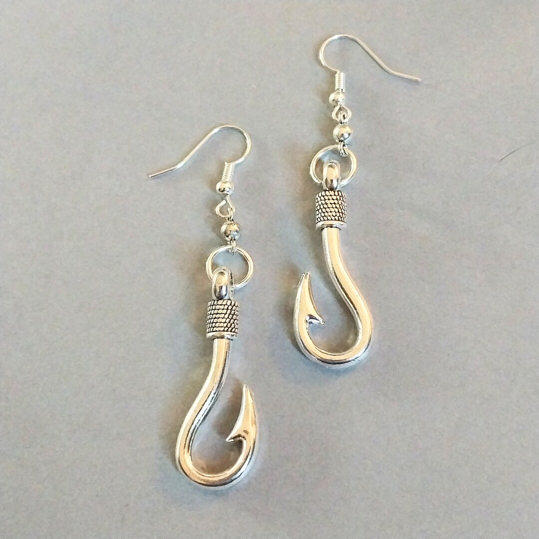 Large Silver Fish Hook Dangling Earrings, Hypoallergenic and Nickel ...