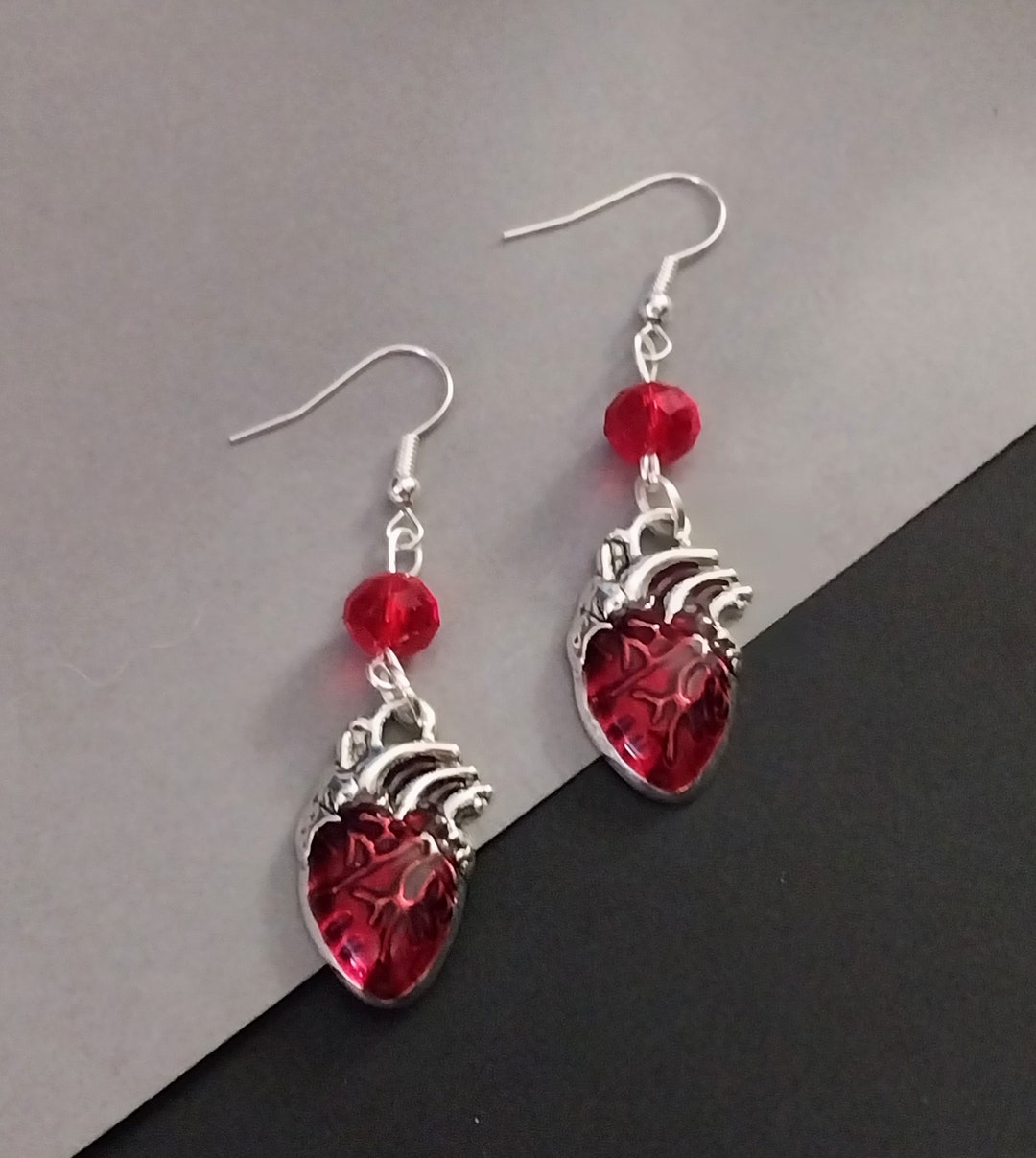 Anatomical Red Human Heart Dangling Earrings, Hypoallergenic and Nickel
