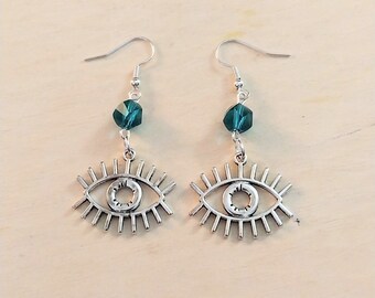 Large silver evil eye dangling earrings, third eye earrings, Wicca earrings, Wiccan earrings, hypoallergenic and nickel free backs
