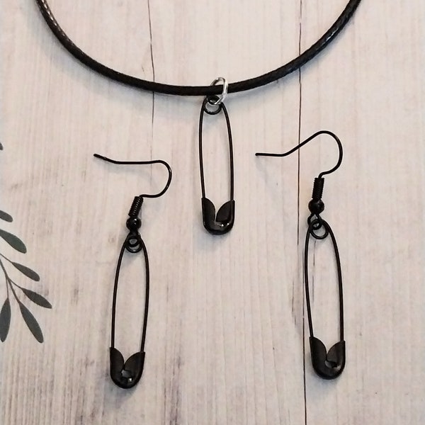 Black safety pin earrings, optional matching necklace, nickel free and hypoallergenic backs of your choice