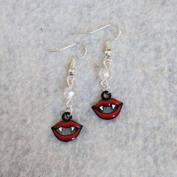 Vampire lips with fangs dangling earrings, hypoallergenic and nickel free backs of your choice, vampire earrings, goth earrings