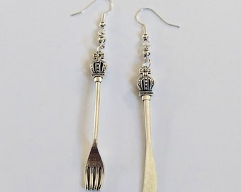 Long Silver fork and knife dangling earrings with hypoallergenic and nickel free backs of your choice