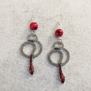 Long Red Headed Snake Dangling Drop Earrings, nickel free and hypoallergenic backs of your choice, snake earrings