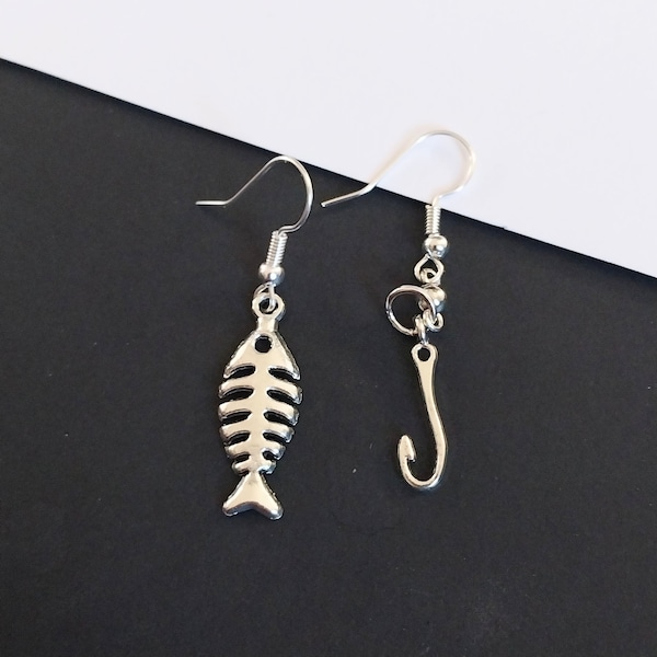Silver hook and fishbone earrings, silver fish skeleton earrings, fish bone earrings, hypoallergenic & nickel free backs of your choice