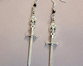 Sword earrings, long sword dangle earrings, goth earrings, statement earrings, hypoallergenic and nickel free backs of your choice