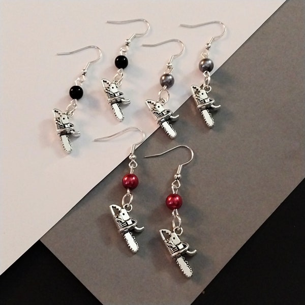 Your choice of Silver mini chainsaw dangling drop earrings with hypoallergenic backs of your choice, chainsaw earrings