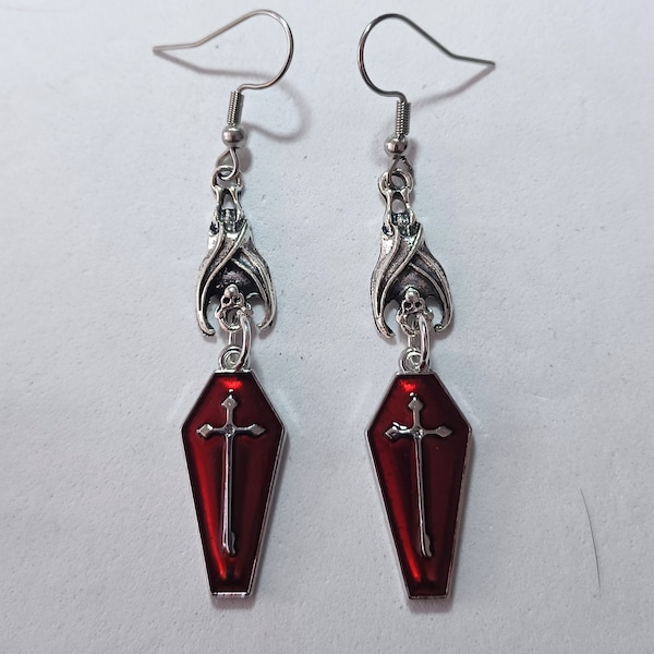 Your choice of Vampire bat with coffin earrings, bat earrings, Dracula, Vampire earrings, hypoallergenic and nickel free backs