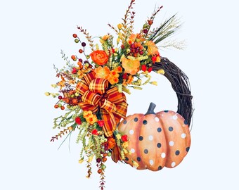 Fall Grapevine Pumpkin Wreath For Front Door ,Autumn Harvest Pumpkin Door Hanger, Fall Pumpkin Grapevine Wreath,KJ Wreaths And Things