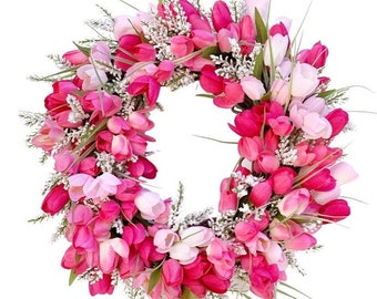 Spring Tulip Wreath For Front Door, Tulip Door Hanger,Pink Tulip Easter Wreath,Mother’s Day Gift,KJ Wreaths And Things