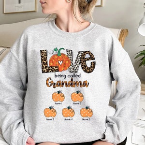 HyojeongKimShop Personalized Love Being A Grandma Pumpkin Autumn Sweatshirt, Halloween Grandma Pumpkin Sweater, Halloween Grandma Sweater, Grandma Pumpkin