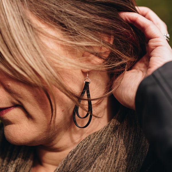 Upcycled earrings from bike inner tubes + sterling silver or rose gold hook. Handmade Whistler BC Canada Black River Runs loop dangle