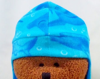 Blue Sharks fleece beanie with ear flaps for children | Handmade cozy warm beanie hat | Cute fleece hat for keeping children warm