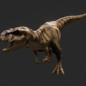Puede incluir: Un dinosaurio Tyrannosaurus Rex marr&oacute;n y beige con un patr&oacute;n rayado en su cuerpo. El dinosaurio est&aacute; de pie sobre un fondo gris.