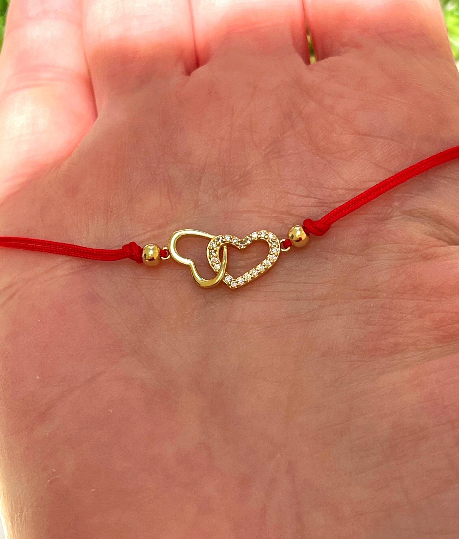 Red String Protection Bracelet With Two Intertwined Hearts/ CZ Stones