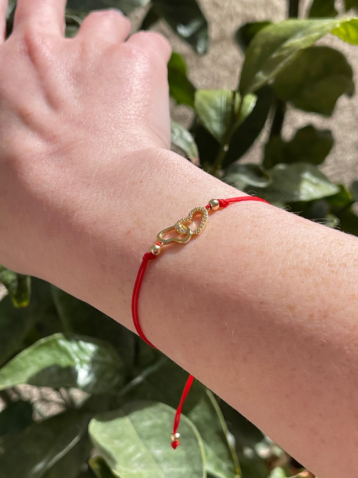 Red String Protection Bracelet With Two Intertwined Hearts/ CZ Stones