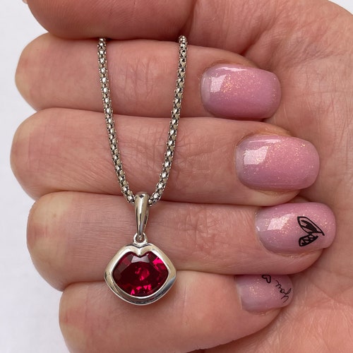 Shops Sterling Silver Red Lips Necklace/925 Sterling Silver Necklace/Silver Snake Chain/Red Crystal Lips Charm/Best Gift For Her/Made In Ukraine!/