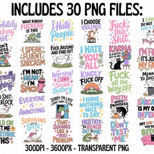 May include: A collection of 30 PNG files with various humorous phrases and illustrations. The designs feature colorful text and cartoon images, including frogs, cats, and turtles. The phrases are designed to be sarcastic and witty.