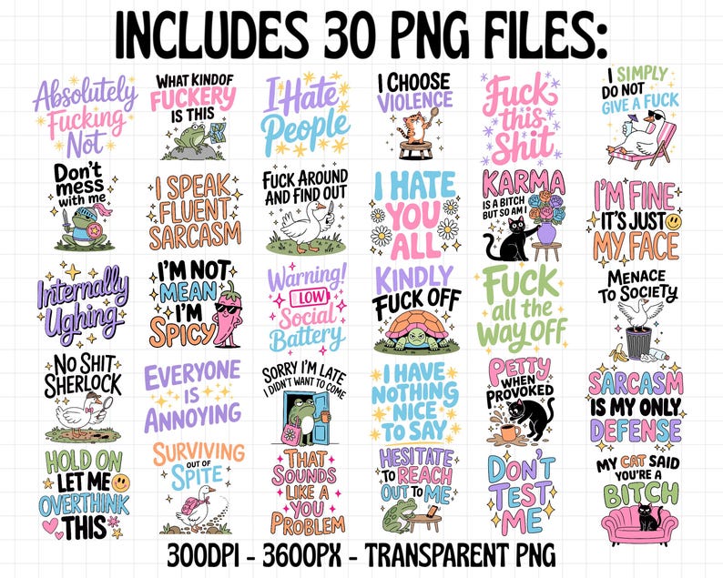 May include: A collection of 30 PNG files with various humorous phrases and illustrations. The designs feature colorful text and cartoon images, including frogs, cats, and turtles. The phrases are designed to be sarcastic and witty.