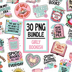 Girly Bookish PNG Bundle, Trendy PNG Bundle, Book Lover Quotes, Booktok Girlie Stickers, Book Nerd Sublimations, Cute Bookish Stickers image 1