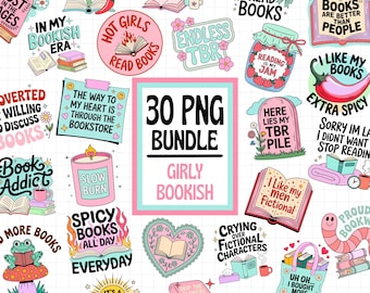 Girly Bookish PNG Bundle, Trendy PNG Bundle, Book Lover Quotes, Booktok Girlie Stickers, Book Nerd Sublimations,  Cute Bookish Stickers