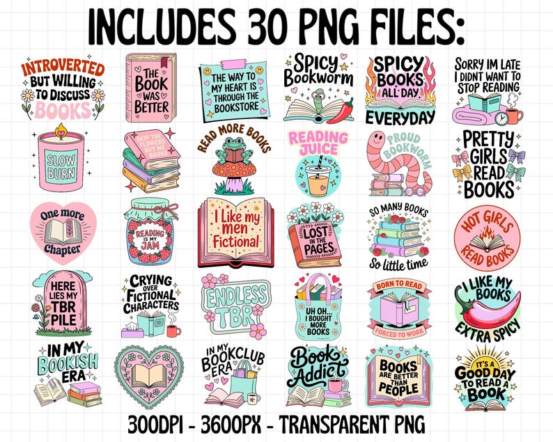 Girly Bookish PNG Bundle, Trendy PNG Bundle, Book Lover Quotes, Booktok Girlie Stickers, Book Nerd Sublimations, Cute Bookish Stickers image 2