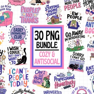 K&ouml;nnte beinhalten: Eine Sammlung von 30 PNG-Grafiken mit einem gem&uuml;tlichen und antisozialen Thema. Die Bilder zeigen verschiedene textbasierte Designs mit S&auml;tzen wie &bdquo;People? No Thanks&ldquo; und Illustrationen von Fr&ouml;schen, Katzen und anderen Objekten.