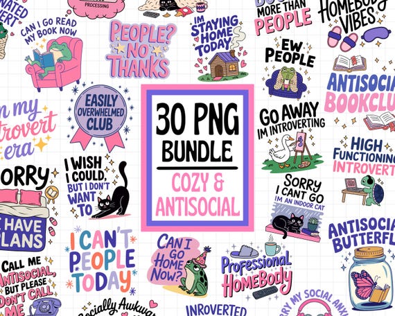 Cozy & Antisocial PNG Bundle, Trendy PNG Bundle, Cozy Homebody Girly PNG Bundle, Sarcastic Frog Stickers, Introvert Png Bundle, Homebody Png