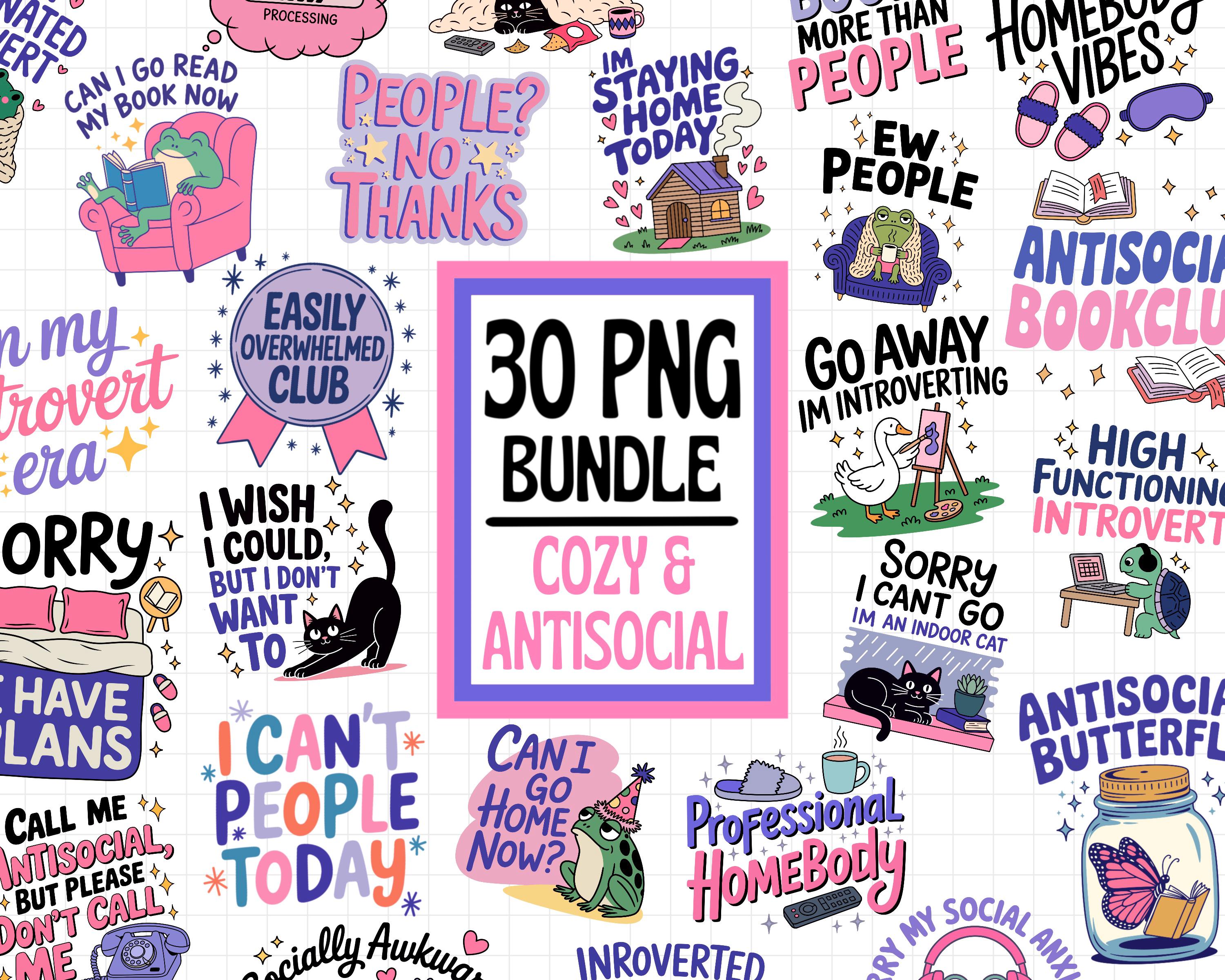 Cozy & Antisocial PNG Bundle, Trendy PNG Bundle, Cozy Homebody Girly ...