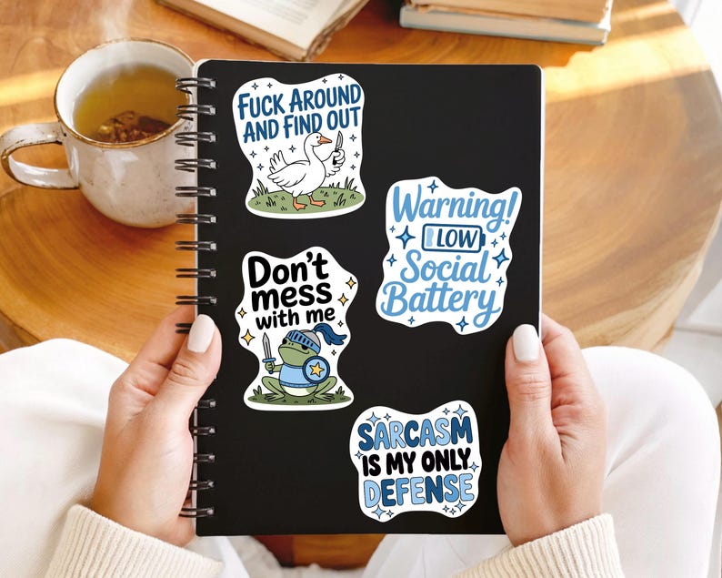K&ouml;nnte beinhalten: Ein schwarzes Notizbuch mit vier humorvollen Aufklebern. Die Aufkleber zeigen S&auml;tze wie "Fuck Around and Find Out" und "Sarcasm is My Only Defense". Die Aufkleber haben Cartoon-Illustrationen einer Gans, eines Frosches und anderer Designs.