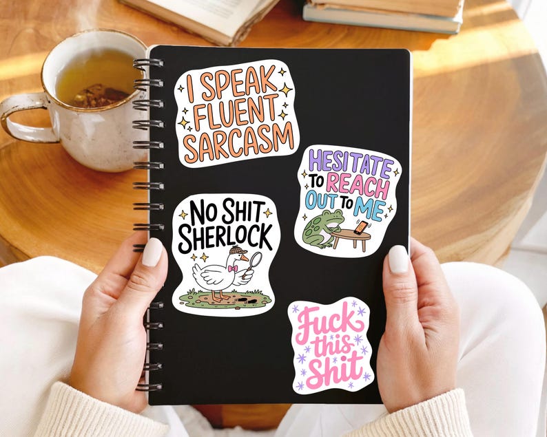May include: A black notebook with four humorous stickers. The stickers feature phrases like "I Speak Fluent Sarcasm," "No Shit Sherlock," "Hesitate to Reach Out to Me," and "Fuck This Shit." The notebook is held by a person.