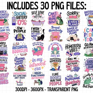 K&ouml;nnte beinhalten: Eine Sammlung von 30 PNG-Dateien mit verschiedenen Designs zum Thema Introvertiertheit und Anti-Sozialit&auml;t. Die Designs enthalten S&auml;tze wie &bdquo;Sorry, ich kann nicht gehen, ich bin eine Hauskatze&ldquo; und &bdquo;Ich mag B&uuml;cher mehr als Menschen&ldquo;. Das Bild ist im transparenten PNG-Format.